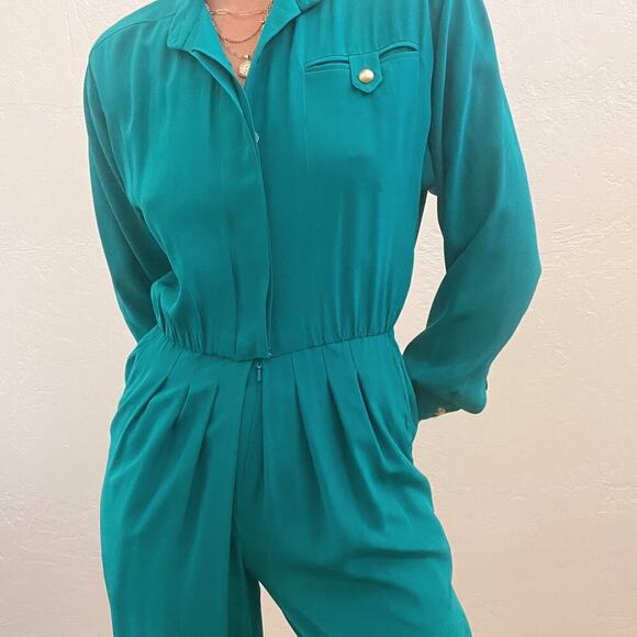 Vintage 1980's 100% Silk Turquoise Long Sleeve Utility Jumspuit - Picture 6 of 9
